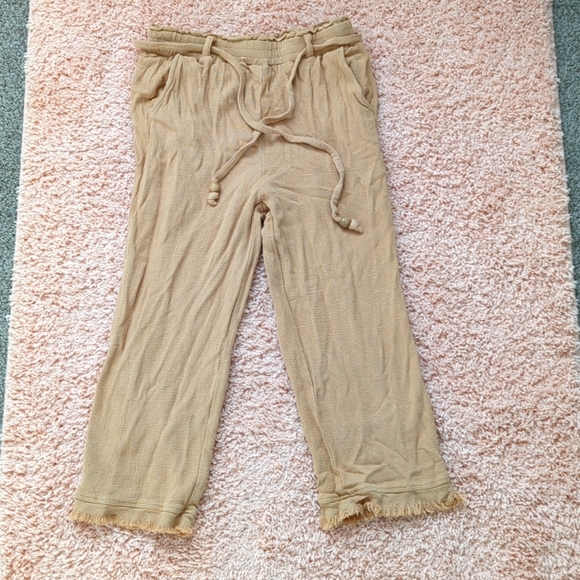 Love Riche Tan Boho Cotton Blend Summer Cropped Pants L‎ - Picture 1 of 6